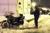 Scott, a real biker, is getting ready for the ride home.