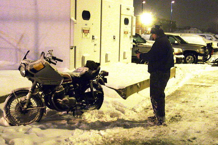 Scott, a real biker, is getting ready for the ride home.